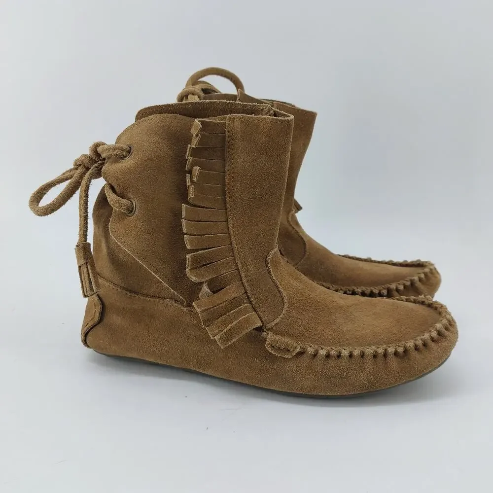 J Crew Moccasins Womens Size 7 Tan Suede Leather Tassel Fringe Boho